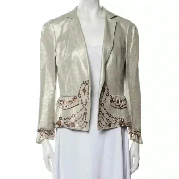 Linen Cotton Diane von Furstenberg open Jacket metallic bronze embellished L - Picture 1 of 5